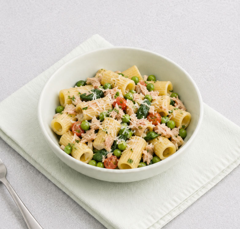 Bowl of pasta with peas and shredded chicken